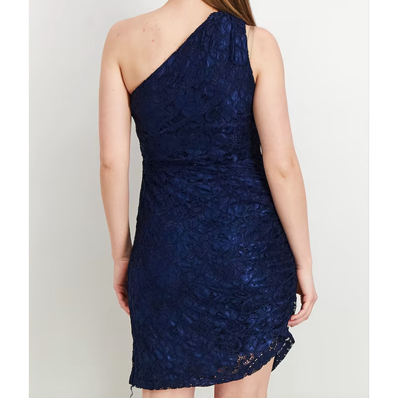 NWT Sam Edelman Womens One Shoulder Lace Ruched Dress Size 10 Navy  Bodycon - Picture 5 of 12